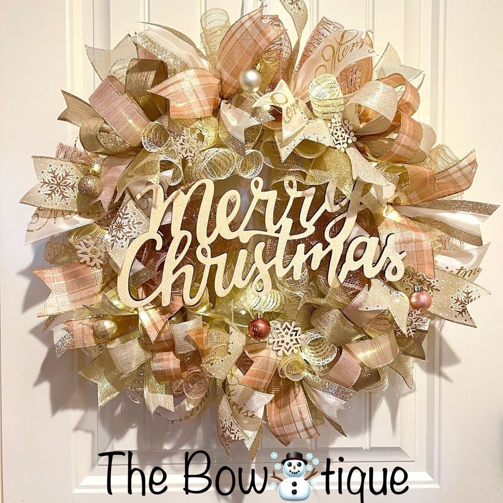 Christmas Snowflake Holiday Ribbon Door Wreath Handmade 22 ins LED W12 Gold Pink